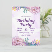 Purple Watercolor Floral Birthday Party Invitation 招待状 (スタンド正面)