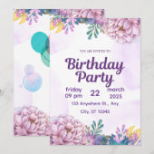 Purple Watercolor Floral Birthday Party Invitation 招待状 (正面/裏面)