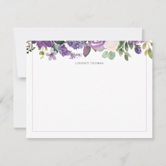 Purple Watercolor Floral Personalized Stationery ノートカード (正面)