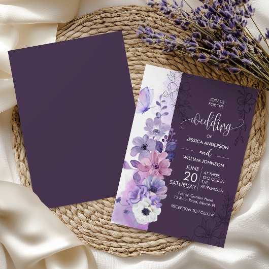 Purple Watercolor Floral Wedding 招待状