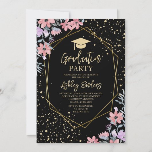 Purple watercolor flowers Graduation 招待状 (正面)