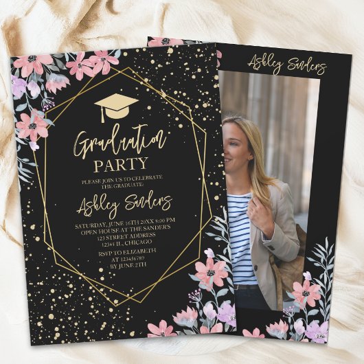 Purple watercolor flowers Graduation 招待状