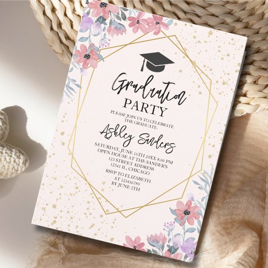 Purple watercolor flowers with gold Glitter 招待状