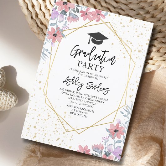 Purple watercolor flowers with gold Glitter 招待状