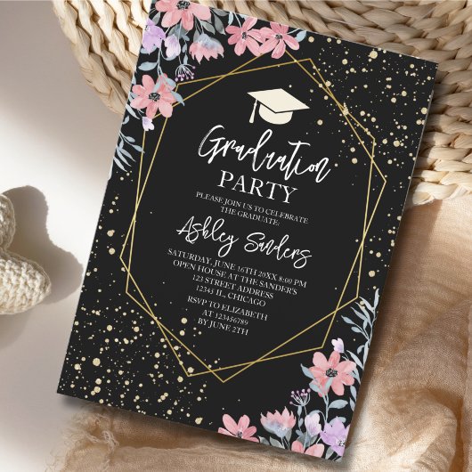 Purple watercolor flowers with gold Glitter 招待状