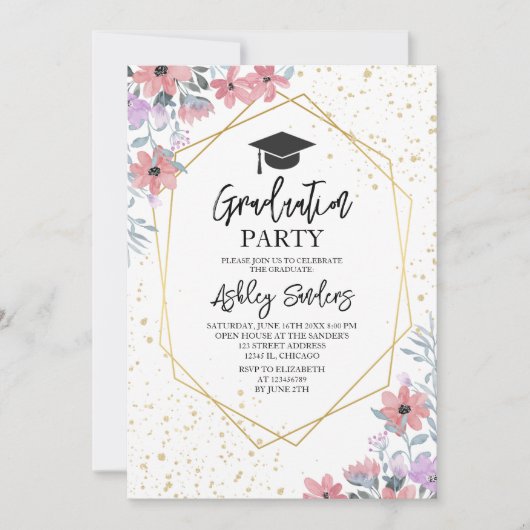 Purple watercolor flowers with gold Glitter 招待状 (正面)