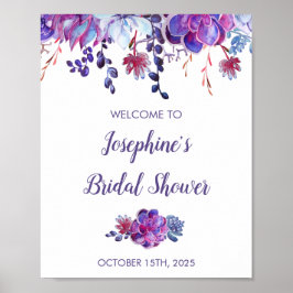 Purple Watercolor Succulents Foliage Bridal Shower ポスター