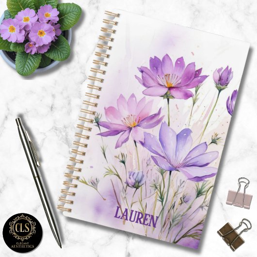 Purple Watercolor Wildflowers Minimalist Name プランナー手帳