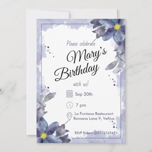 Purple Watercolour Florals Birthday 招待状 (正面)
