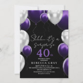 Purple White Balloons Modern 40th Birthday Party 招待状 (正面)