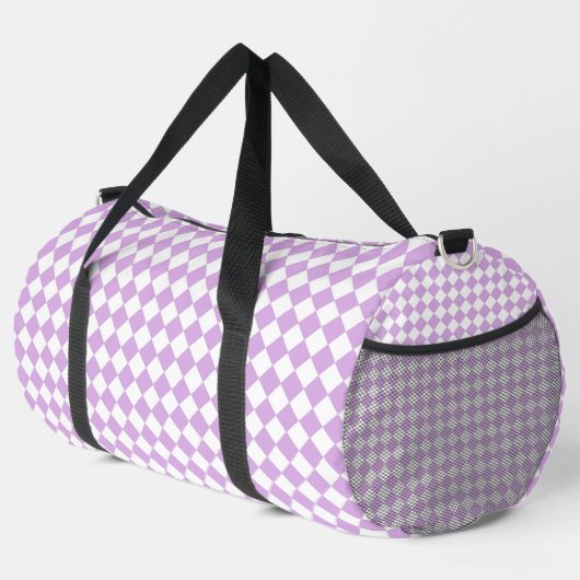 Purple White Checker Diamond Pattern Large ダッフルバッグ (右コーナー)