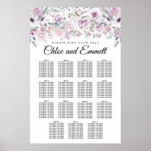 Purple White Floral 15-Table Wedding Seating Chart ポスター
