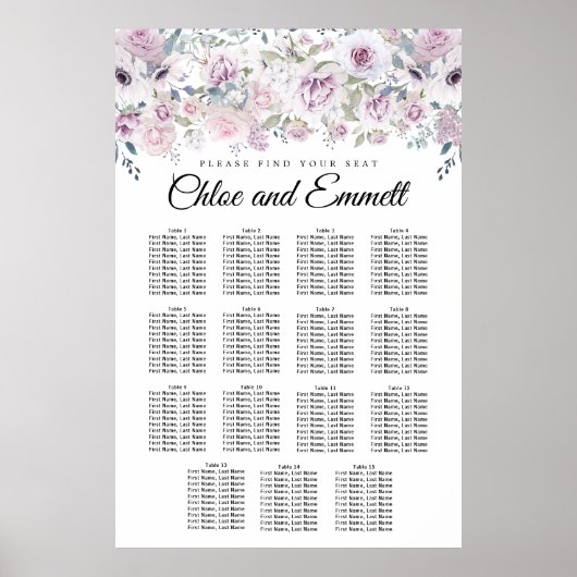 Purple White Floral 15-Table Wedding Seating Chart ポスター (正面)