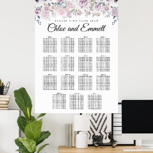 Purple White Floral 15-Table Wedding Seating Chart ポスター (ホームオフィス)