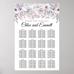 Purple White Floral 16-Table Wedding Seating Chart ポスター