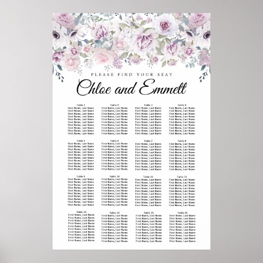 Purple White Floral 16-Table Wedding Seating Chart ポスター (正面)