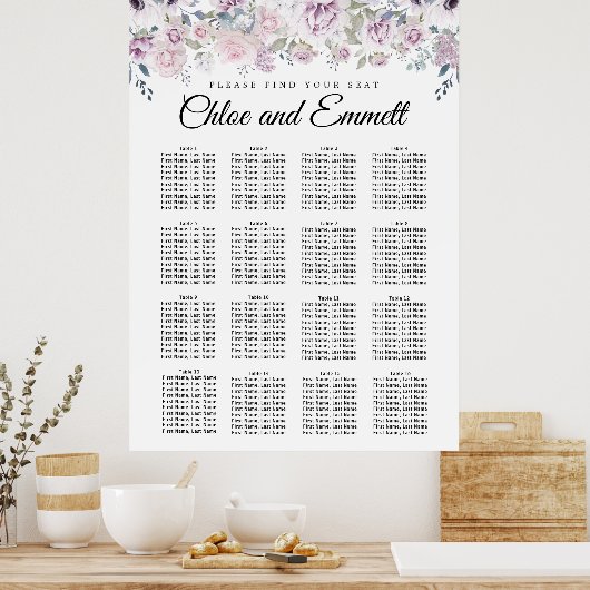 Purple White Floral 16-Table Wedding Seating Chart ポスター (キッチン)