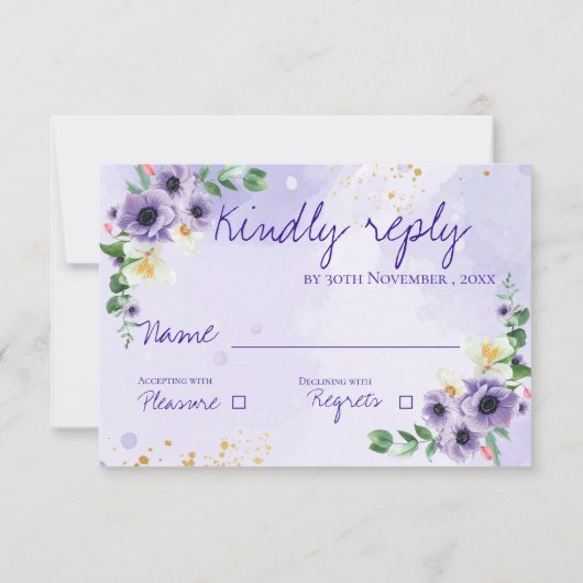 Purple White Floral Gold Frame Wedding Reply By 出欠カード (裏面)