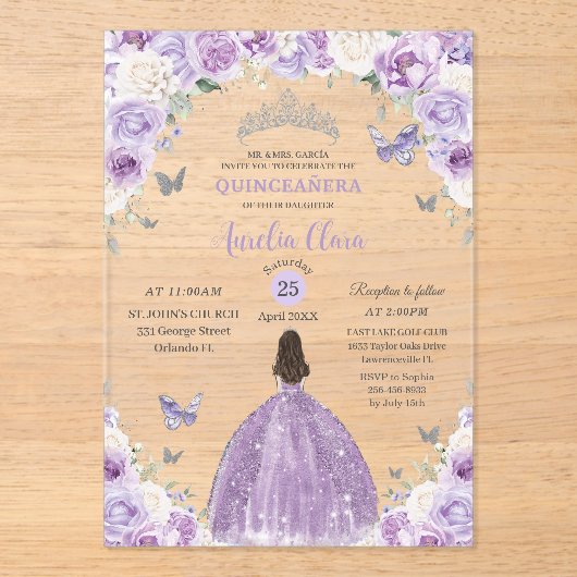 Purple White Floral Princess Quinceañera XV 16 アクリル招待状 (正面)