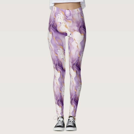 Purple White Gold Abstract レギンス (正面)