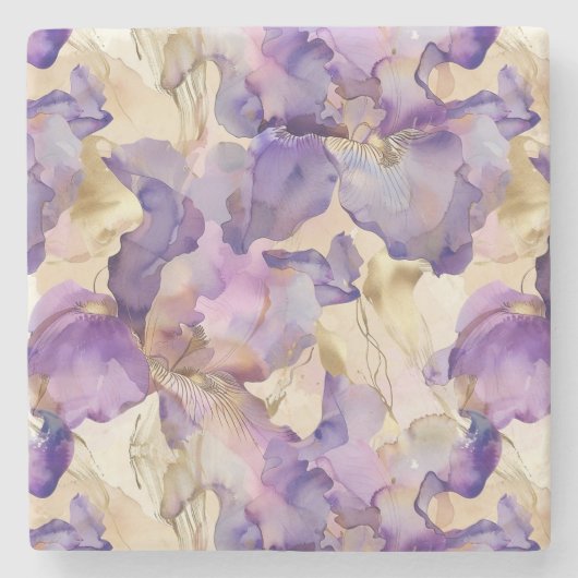 Purple White Gold Iris Floral Abstract ストーンコースター (正面)