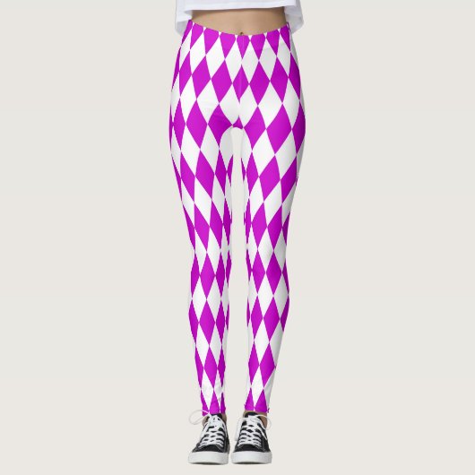 Purple White Harlequin Diamonds Checkers Design  レギンス (正面)