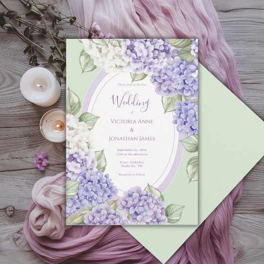 Purple White Hydrangeas Floral Green Wedding 招待状