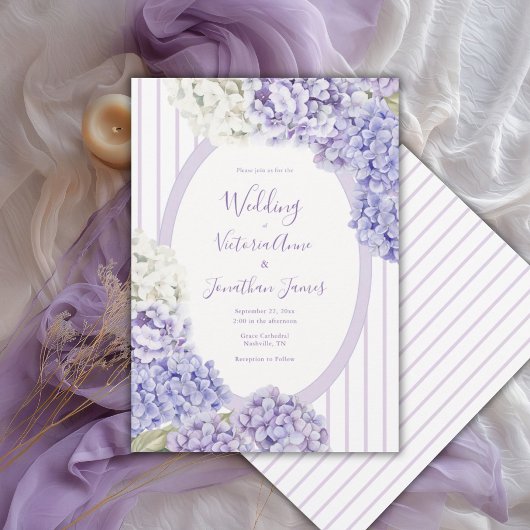 Purple White Hydrangeas Floral Stripe Wedding 招待状