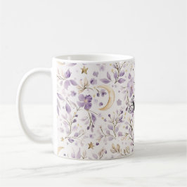 Purple White Moons & Stars Floral コーヒーマグカップ
