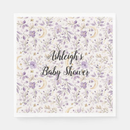 Purple White Moons & Stars Floral Baby Shower スタンダードランチョンナプキン