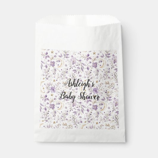Purple White Moons & Stars Floral Baby Shower フェイバーバッグ (正面)