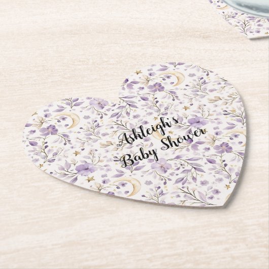 Purple White Moons & Stars Floral Baby Shower ペーパーコースター (アングル)