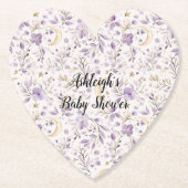 Purple White Moons & Stars Floral Baby Shower ペーパーコースター (正面)