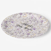 Purple White Moons & Stars Floral Baby Shower ペーパープレート (アングル)