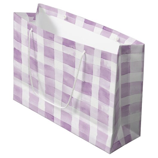 Purple White Plaid Stripes Birthday ラージペーパーバッグ (正面アングル)