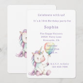 Purple White Unicorn Balloon Birthday 招待状 (正面/裏面)