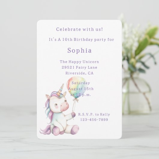 Purple White Unicorn Balloon Birthday 招待状 (スタンド正面)