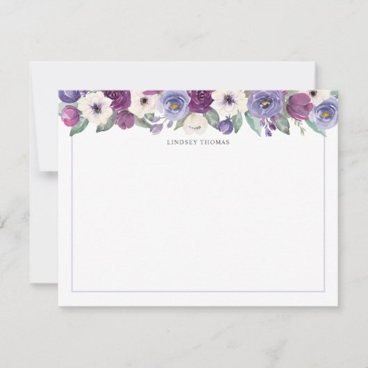 Purple White Watercolor Floral Personalized ノートカード (正面)