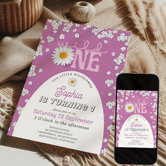 Purple Wild One Daisy 1st Birthday Invitation 招待状