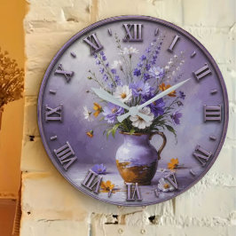 Purple Wildflower Bouquet Lavender Cottage Floral ラージ壁時計