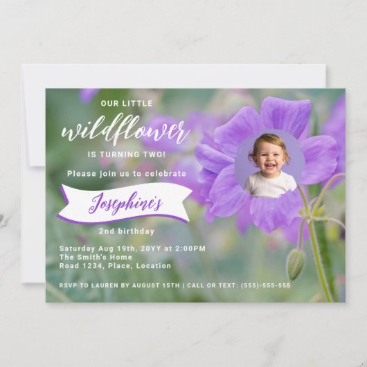 Purple Wildflower Custom Photo Children's Birthday 招待状 (正面)