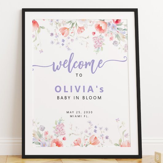 Purple wildflower floral Baby in Bloom welcome ポスター
