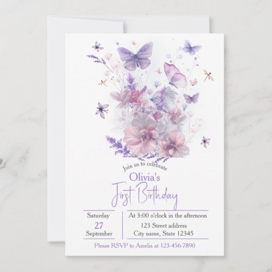 Purple Wildflowers Butterfly Girl's 1st Birthday  招待状 (正面)