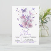 Purple Wildflowers Butterfly Girl's 1st Birthday  招待状 (スタンド正面)