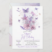 Purple Wildflowers Butterfly Girl's 1st Birthday  招待状 (正面/裏面)