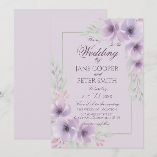 Purple wildflowers floral Budget Wedding 招待状 (正面/裏面)