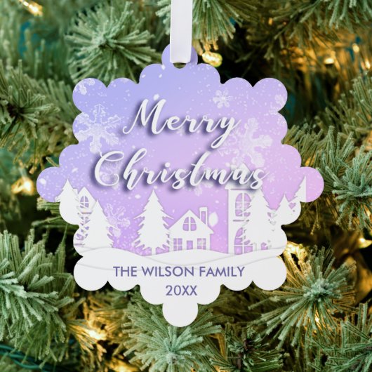 Purple Winter Wonderland White Snowy House Holiday オーナメントカード (インサイチュ (木))