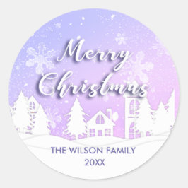 Purple Winter Wonderland White Snowy House Holiday ラウンドシール