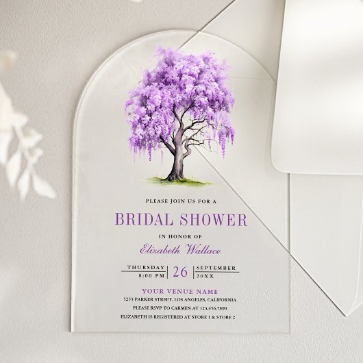 Purple Wisteria Floral Tree Bridal Shower アクリル招待状
