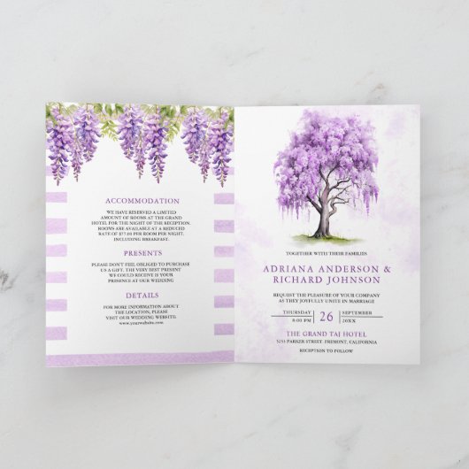 Purple Wisteria Floral Tree QR Code Wedding 招待状 (内部)